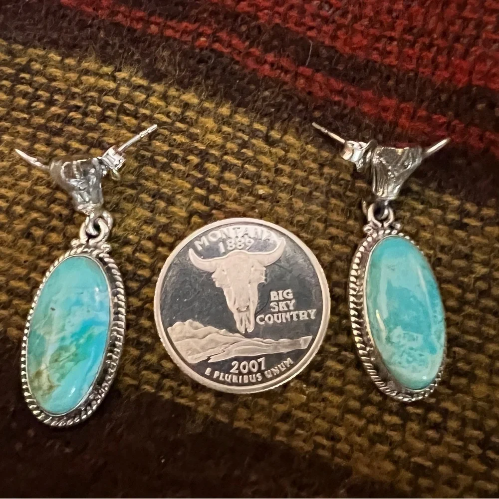 ❤️ Bull’s Head Mohave Turquoise Navajo Sterling 1.45”L Statement Earrings 12.9gm